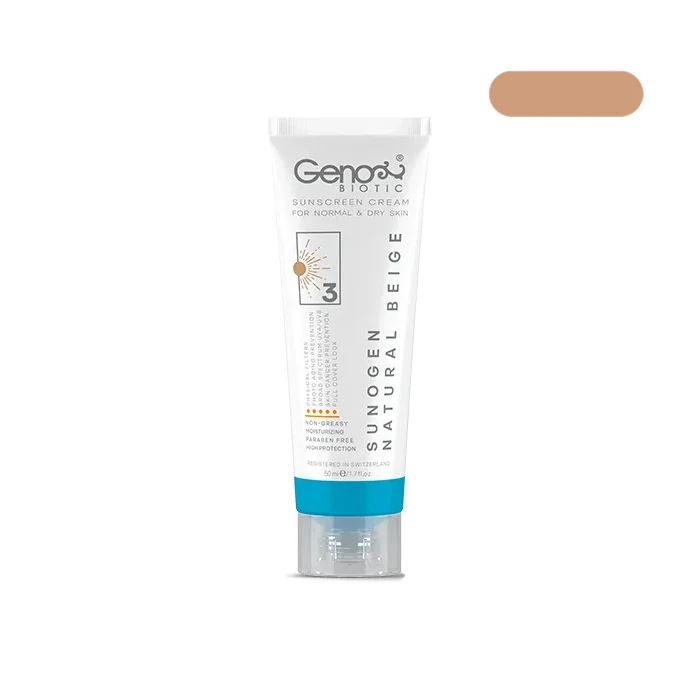geno-sunogen-dry.pharmacy24h.ir ضد آفتاب مخصوص پوستهای خشک و معمولی ژنوبایوتیک SPF۵۰ رنگ بژ طبیعی | ۵۰ میل - Image 1